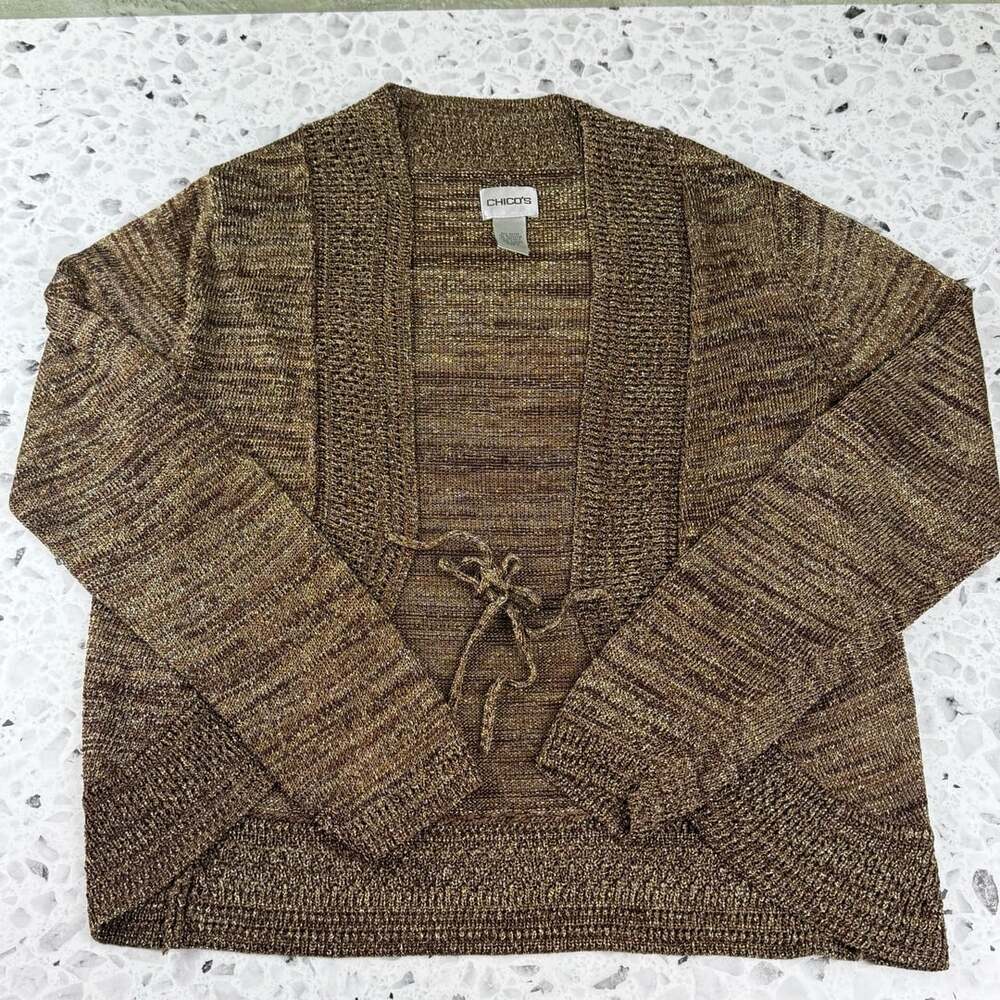 Chico's Brown Gold Metallic Knit Cardigan Sweater Size 1 / M